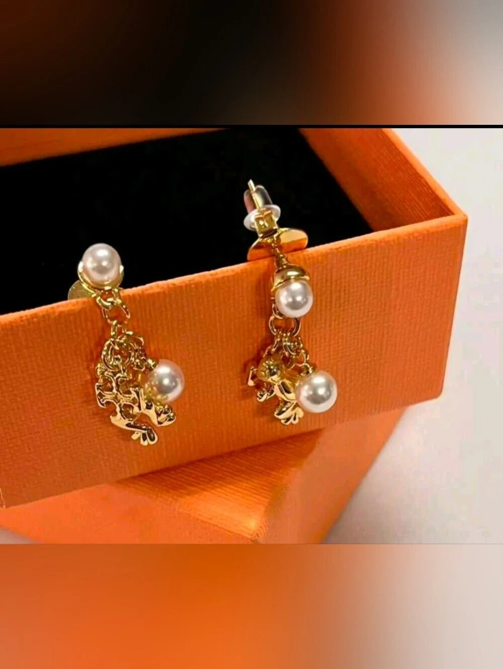 Tory Burch Style Gold-Plated Pearl  Frog Charm Drop Earrings - Used